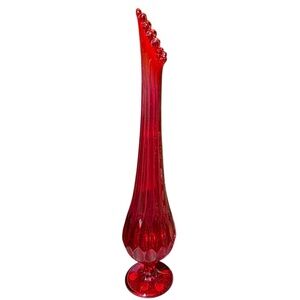 Vintage Fenton Glass Ruby Red 17” Tall Swung Thumbprint Vase Unmarked